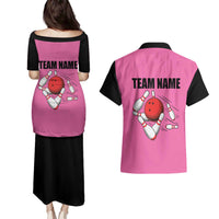 Pink and Black Bowling Couples Matching Puletasi and Hawaiian Shirt Design with Red Ball and Pins and Custom Team Name Graphic - Wonder Print Shop