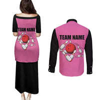 Pink and Black Bowling Couples Matching Puletasi and Long Sleeve Button Shirt Design with Red Ball and Pins and Custom Team Name Graphic - Wonder Print Shop