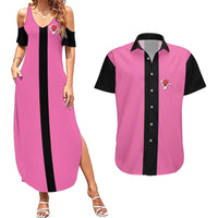 Pink and Black Bowling Couples Matching Summer Maxi Dress and Hawaiian Shirt Design with Red Ball and Pins and Custom Team Name Graphic - Wonder Print Shop