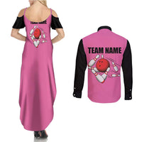 Pink and Black Bowling Couples Matching Summer Maxi Dress and Long Sleeve Button Shirt Design with Red Ball and Pins and Custom Team Name Graphic - Wonder Print Shop