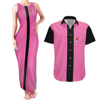 Pink and Black Bowling Couples Matching Tank Maxi Dress and Hawaiian Shirt Design with Red Ball and Pins and Custom Team Name Graphic - Wonder Print Shop