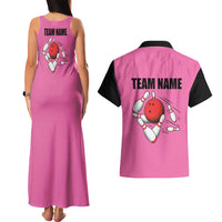 Pink and Black Bowling Couples Matching Tank Maxi Dress and Hawaiian Shirt Design with Red Ball and Pins and Custom Team Name Graphic - Wonder Print Shop