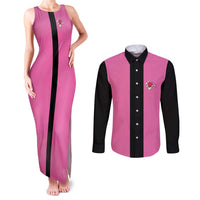 Pink and Black Bowling Couples Matching Tank Maxi Dress and Long Sleeve Button Shirt Design with Red Ball and Pins and Custom Team Name Graphic - Wonder Print Shop