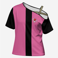 Pink and Black Bowling Cross Shoulder Shirt Design with Red Ball and Pins and Custom Team Name Graphic - Wonder Print Shop
