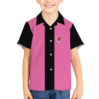 Pink and Black Bowling Family Matching Long Sleeve Bodycon Dress and Hawaiian Shirt Design with Red Ball and Pins and Custom Team Name Graphic - Wonder Print Shop