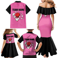 Pink and Black Bowling Family Matching Mermaid Dress and Hawaiian Shirt Design with Red Ball and Pins and Custom Team Name Graphic - Wonder Print Shop