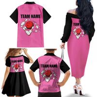 Pink and Black Bowling Family Matching Off The Shoulder Long Sleeve Dress and Hawaiian Shirt Design with Red Ball and Pins and Custom Team Name Graphic - Wonder Print Shop