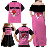 Pink and Black Bowling Family Matching Off Shoulder Maxi Dress and Hawaiian Shirt Design with Red Ball and Pins and Custom Team Name Graphic - Wonder Print Shop