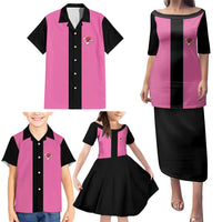 Pink and Black Bowling Family Matching Puletasi and Hawaiian Shirt Design with Red Ball and Pins and Custom Team Name Graphic - Wonder Print Shop