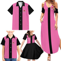 Pink and Black Bowling Family Matching Summer Maxi Dress and Hawaiian Shirt Design with Red Ball and Pins and Custom Team Name Graphic - Wonder Print Shop