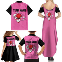 Pink and Black Bowling Family Matching Summer Maxi Dress and Hawaiian Shirt Design with Red Ball and Pins and Custom Team Name Graphic - Wonder Print Shop
