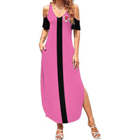 Pink and Black Bowling Family Matching Summer Maxi Dress and Hawaiian Shirt Design with Red Ball and Pins and Custom Team Name Graphic - Wonder Print Shop