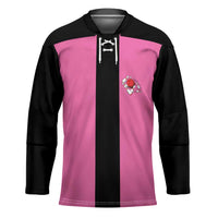 Pink and Black Bowling Hockey Jersey Design with Red Ball and Pins and Custom Team Name Graphic - Wonder Print Shop