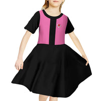 Pink and Black Bowling Kid Short Sleeve Dress Design with Red Ball and Pins and Custom Team Name Graphic - Wonder Print Shop
