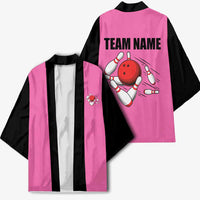Pink and Black Bowling Kimono Design with Red Ball and Pins and Custom Team Name Graphic - Wonder Print Shop