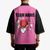 Pink and Black Bowling Kimono Design with Red Ball and Pins and Custom Team Name Graphic - Wonder Print Shop