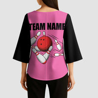 Pink and Black Bowling Kimono Sleeve Blouse Design with Red Ball and Pins and Custom Team Name Graphic - Wonder Print Shop