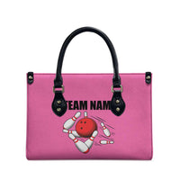 Pink and Black Bowling Leather Bag Design with Red Ball and Pins and Custom Team Name Graphic - Wonder Print Shop