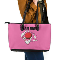 Pink and Black Bowling Leather Tote Bag Design with Red Ball and Pins and Custom Team Name Graphic - Wonder Print Shop