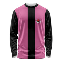 Pink and Black Bowling Long Sleeve Shirt Design with Red Ball and Pins and Custom Team Name Graphic - Wonder Print Shop