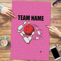 Pink and Black Bowling Puzzle Design with Red Ball and Pins and Custom Team Name Graphic - Wonder Print Shop
