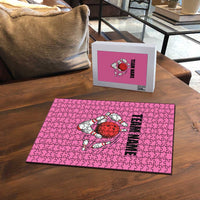 Pink and Black Bowling Puzzle Design with Red Ball and Pins and Custom Team Name Graphic - Wonder Print Shop