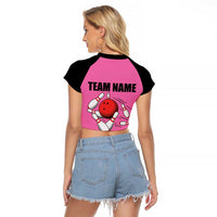 Pink and Black Bowling Raglan Cropped T Shirt Design with Red Ball and Pins and Custom Team Name Graphic - Wonder Print Shop