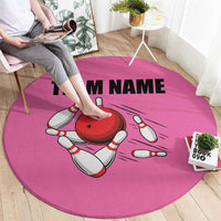 Pink and Black Bowling Round Carpet Design with Red Ball and Pins and Custom Team Name Graphic - Wonder Print Shop