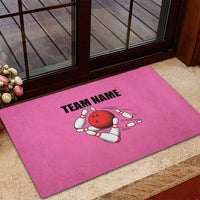 Pink and Black Bowling Rubber Doormat Design with Red Ball and Pins and Custom Team Name Graphic - Wonder Print Shop