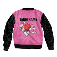 Pink and Black Bowling Sleeve Zip Bomber Jacket Design with Red Ball and Pins and Custom Team Name Graphic - Wonder Print Shop