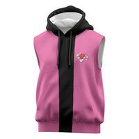 Pink and Black Bowling Sleeveless Hoodie Design with Red Ball and Pins and Custom Team Name Graphic - Wonder Print Shop