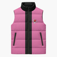 Pink and Black Bowling Sleeveless Puffer Jacket Design with Red Ball and Pins and Custom Team Name Graphic - Wonder Print Shop