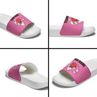 Pink and Black Bowling Slide Sandals Design with Red Ball and Pins and Custom Team Name Graphic - Wonder Print Shop