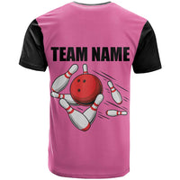 Pink and Black Bowling T Shirt Design with Red Ball and Pins and Custom Team Name Graphic - Wonder Print Shop