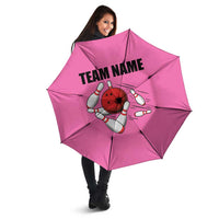 Pink and Black Bowling Umbrella Design with Red Ball and Pins and Custom Team Name Graphic - Wonder Print Shop