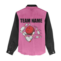 Pink and Black Bowling Women Casual Shirt Design with Red Ball and Pins and Custom Team Name Graphic - Wonder Print Shop