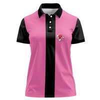Pink and Black Bowling Women Polo Shirt Design with Red Ball and Pins and Custom Team Name Graphic - Wonder Print Shop