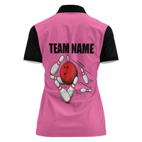 Pink and Black Bowling Women Polo Shirt Design with Red Ball and Pins and Custom Team Name Graphic - Wonder Print Shop