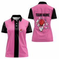 Pink and Black Bowling Women Polo Shirt Design with Red Ball and Pins and Custom Team Name Graphic - Wonder Print Shop