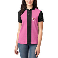 Pink and Black Bowling Women Polo Shirt Design with Red Ball and Pins and Custom Team Name Graphic - Wonder Print Shop