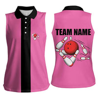 Pink and Black Bowling Women Sleeveless Polo Shirt Design with Red Ball and Pins and Custom Team Name Graphic - Wonder Print Shop