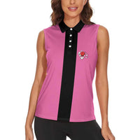 Pink and Black Bowling Women Sleeveless Polo Shirt Design with Red Ball and Pins and Custom Team Name Graphic - Wonder Print Shop