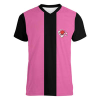 Pink and Black Bowling Women V-Neck T-Shirt Design with Red Ball and Pins and Custom Team Name Graphic - Wonder Print Shop