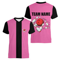 Pink and Black Bowling Women V-Neck T-Shirt Design with Red Ball and Pins and Custom Team Name Graphic - Wonder Print Shop