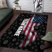 American Flag Bowling Ball and Pins Graphic Area Rug with Black Patterned Background and Custom Team Name Design - Wonder Print Shop