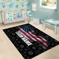 American Flag Bowling Ball and Pins Graphic Area Rug with Black Patterned Background and Custom Team Name Design - Wonder Print Shop