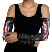 American Flag Bowling Ball and Pins Graphic Arm Sleeves with Black Patterned Background and Custom Team Name Design - Wonder Print Shop