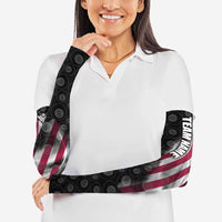 American Flag Bowling Ball and Pins Graphic Arm Sleeves with Black Patterned Background and Custom Team Name Design - Wonder Print Shop