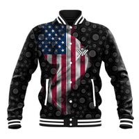 American Flag Bowling Ball and Pins Graphic Baseball Jacket with Black Patterned Background and Custom Team Name Design - Wonder Print Shop
