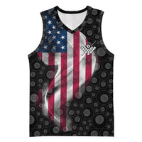 American Flag Bowling Ball and Pins Graphic Basketball Jersey with Black Patterned Background and Custom Team Name Design - Wonder Print Shop
